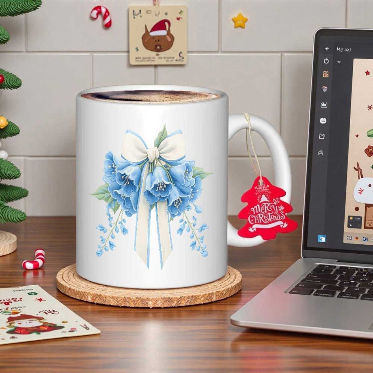 Tailorly White Ceramic 11 oz Mug - Delicate Blue Bell Flowers Tied With An Elegant White Ribbon Flower