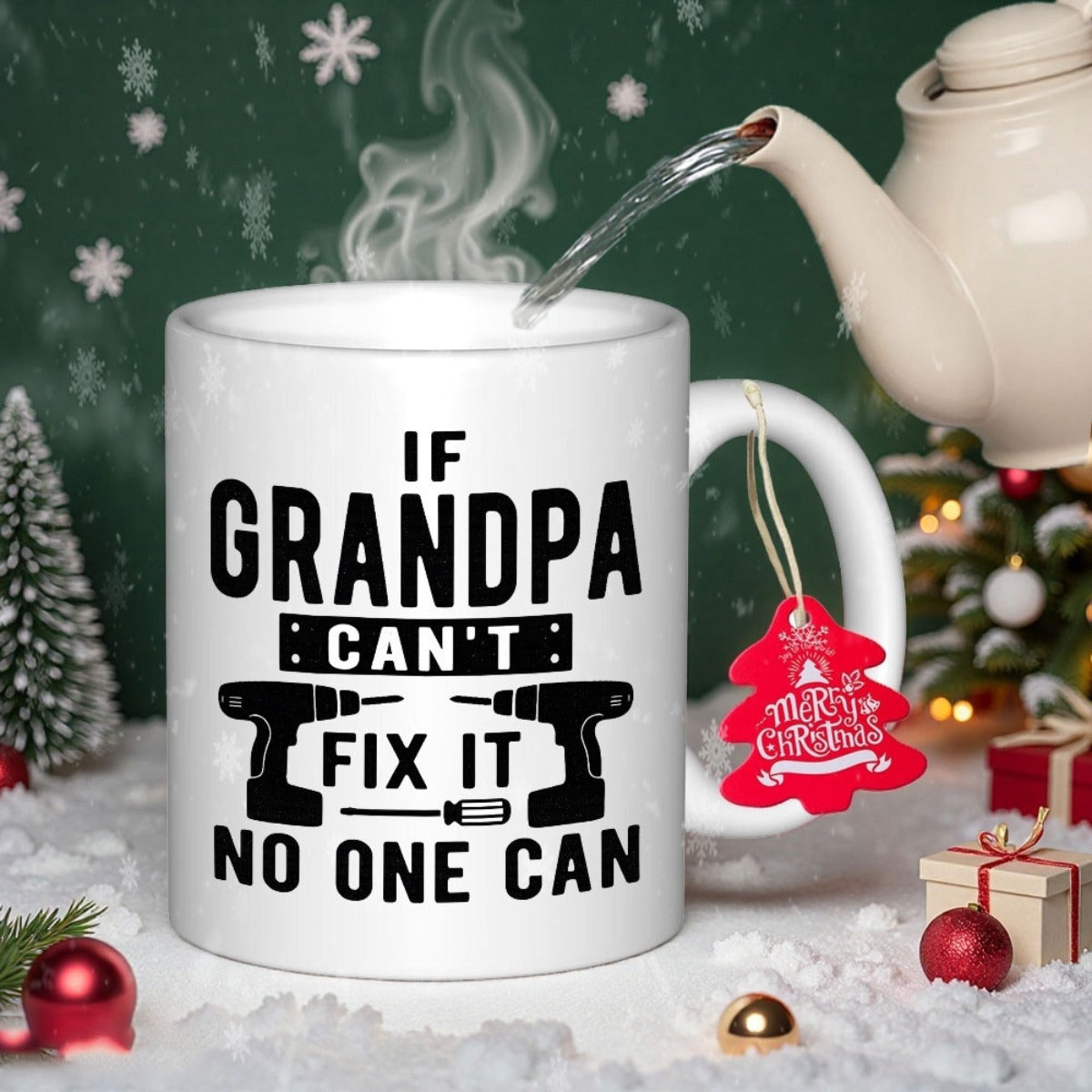 Tailorly White Ceramic 11 oz Mug - If Grandpa Cant Fix It No One Can Bold Minimalist Black Industrial Tools With Power Drills And Screwdriver Tool
