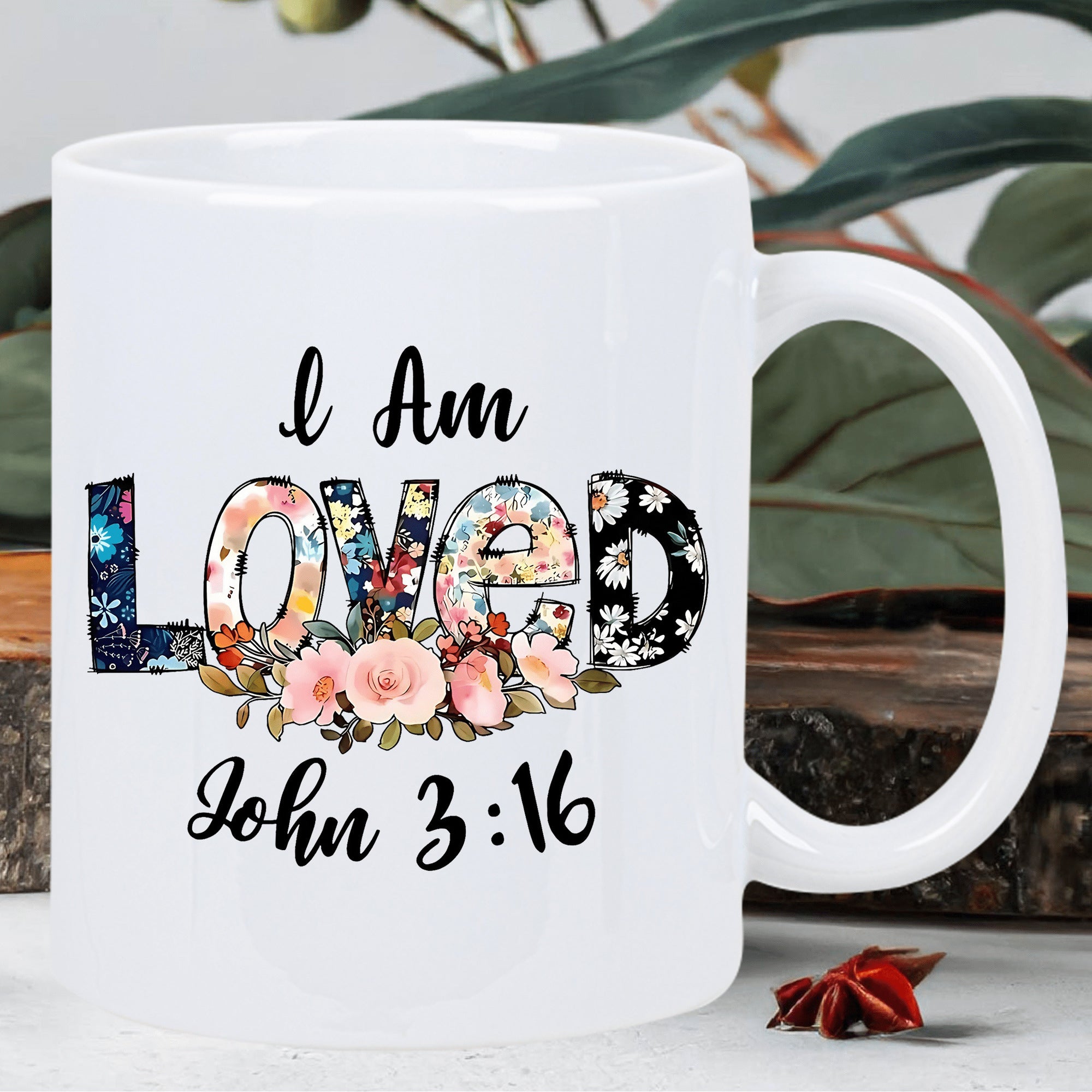 Tailorly White Ceramic 11 oz Mug - I Am Loved John 3 16 Elegant Scripture Text With Delicate Blossoms And Colorful Floral Pattern Flower