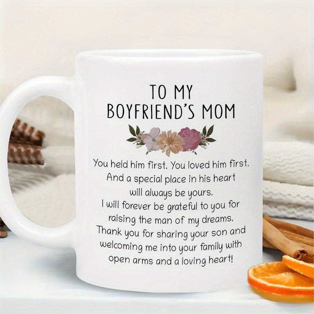 Tailorly White Ceramic 11 oz Mug - To My Boyfriends Mom Delicate Pastel Floral Bouquet With Elegant Green Leaves And Soft Colors Flower