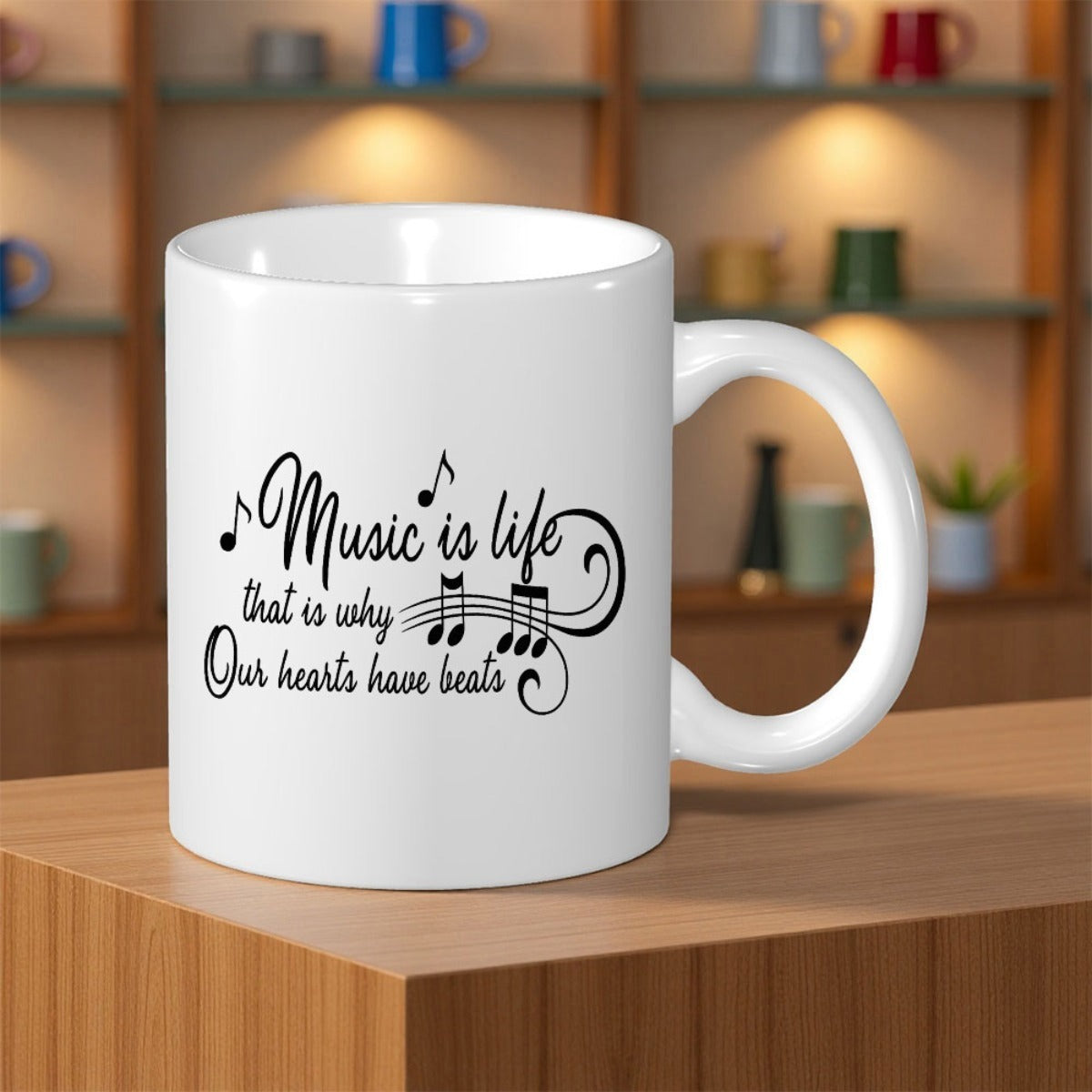 Tailorly White Ceramic 11 oz Mug - Music Is Life That Is Why Our Hearts Have Beats Flowing Rhythmic Staff Lines With Decorative Melodic Elements Musical Note