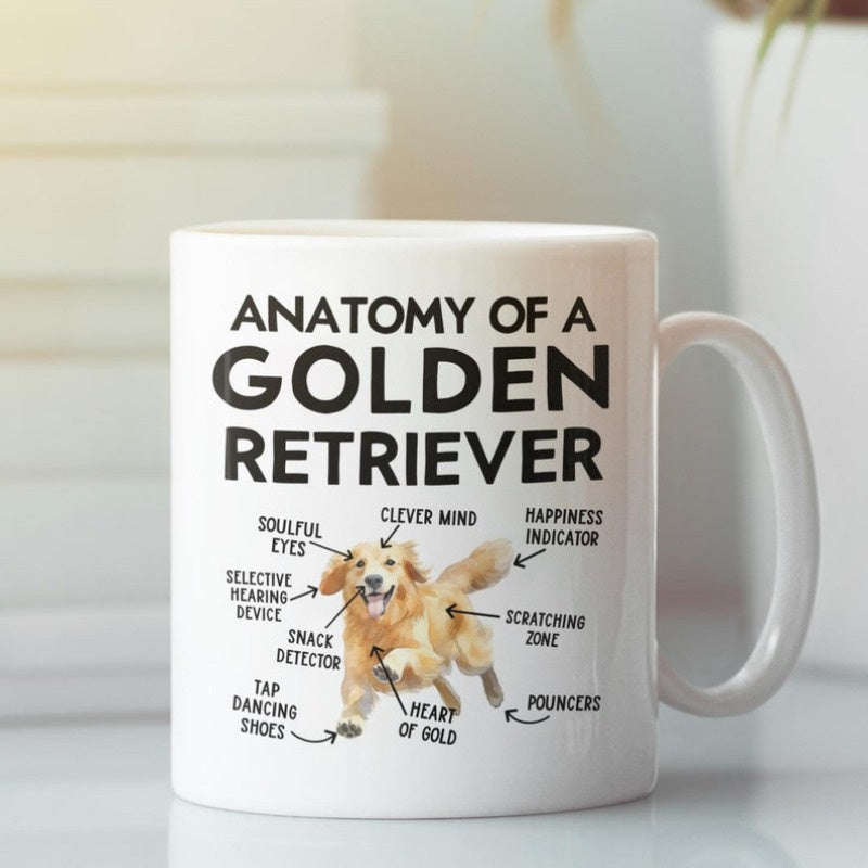Tailorly White Ceramic 11 oz Mug - Anatomy Of A Golden Retriever Cheerful Golden Dog Running Amidst Playful Scientific Labels And Anatomical Lines Retriever