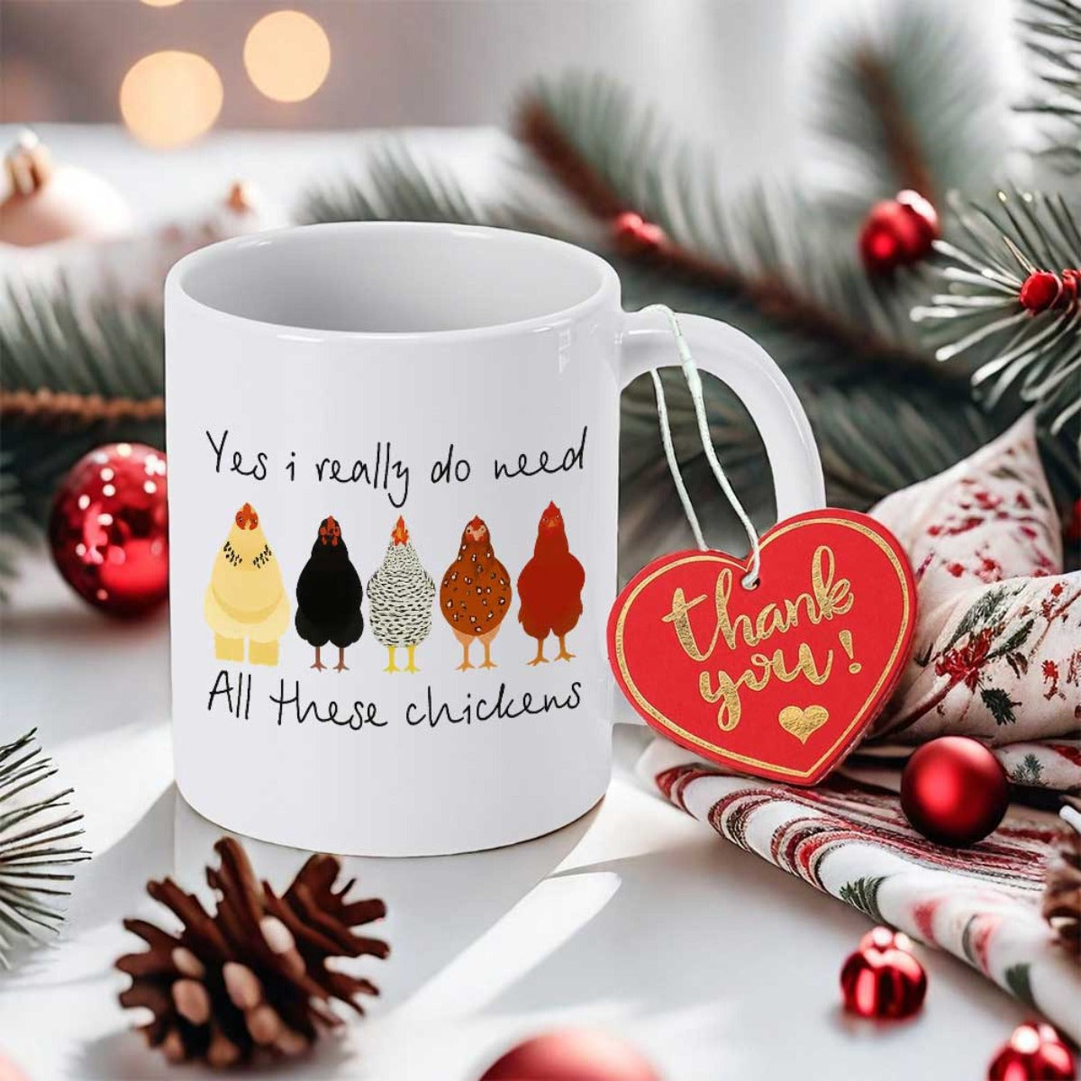 Tailorly White Ceramic 11 oz Mug - Yes I Really Do Need All These Chickens Five Diverse Colorful Cartoon Poultry Standing In A Straight Row Chicken