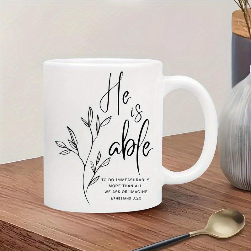 Tailorly White Ceramic 11 oz Mug - He Is Able Ephesians 3 20 Simple Minimalist Line Art Branch With Delicate Leaves And Elegant Religious Scripture Branch