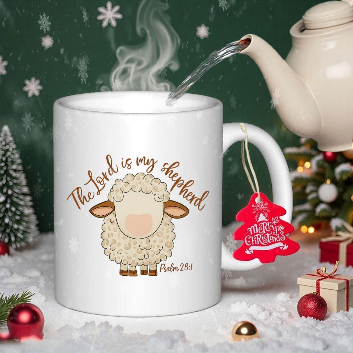 Tailorly White Ceramic 11 oz Mug - The Lord Is My Shepherd Psalm 23 1 Fluffy Cartoon Lamb Standing Gracefully On A Bright Snowy Winter Background Sheep