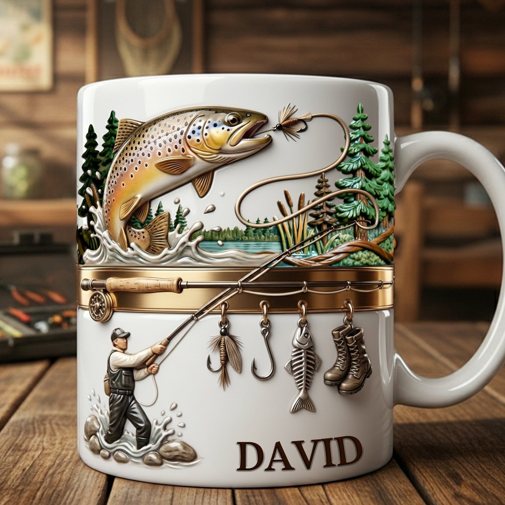 Tailorly White Ceramic 11 oz Mug - David Majestic Brown Fish Jumping Near Evergreen Trees And Vintage Fishing Gear Trout