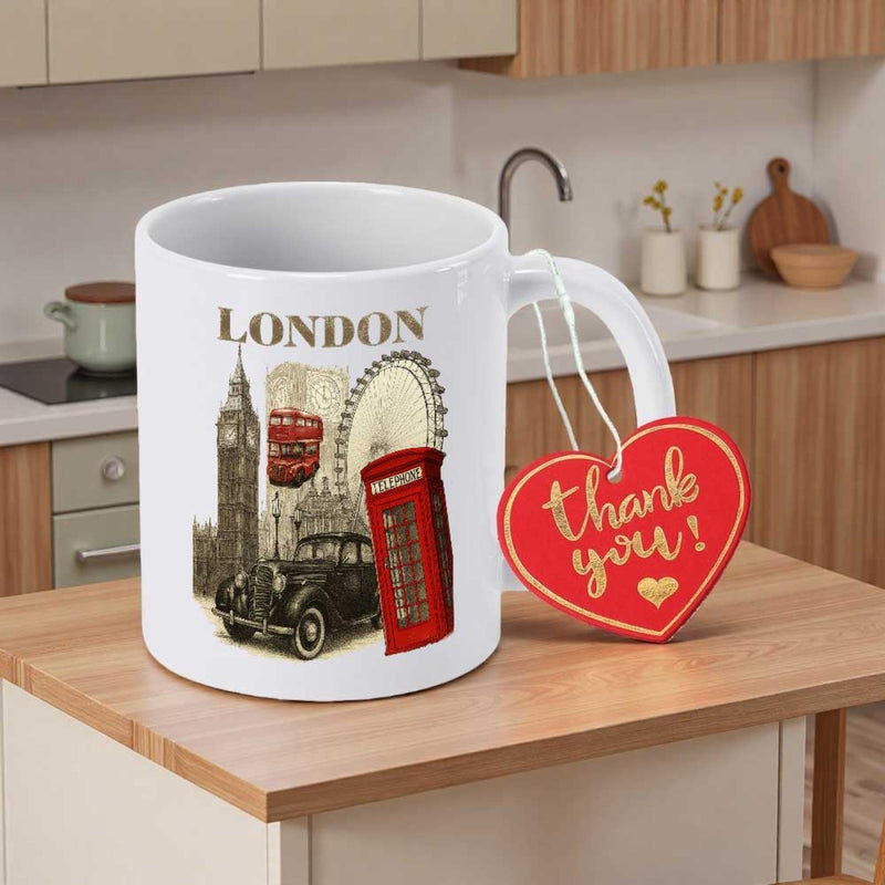 Tailorly White Ceramic 11 oz Mug - London Thank You Classic Urban Scenery Featuring Iconic Landmarks And Vintage Red Bus Mug