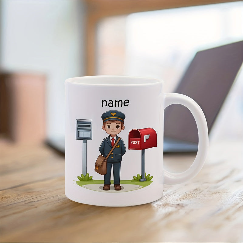 Tailorly White Ceramic 11 oz Mug - Name Friendly Cartoon Mail Carrier Standing Between Two Mailboxes On Grass Postman