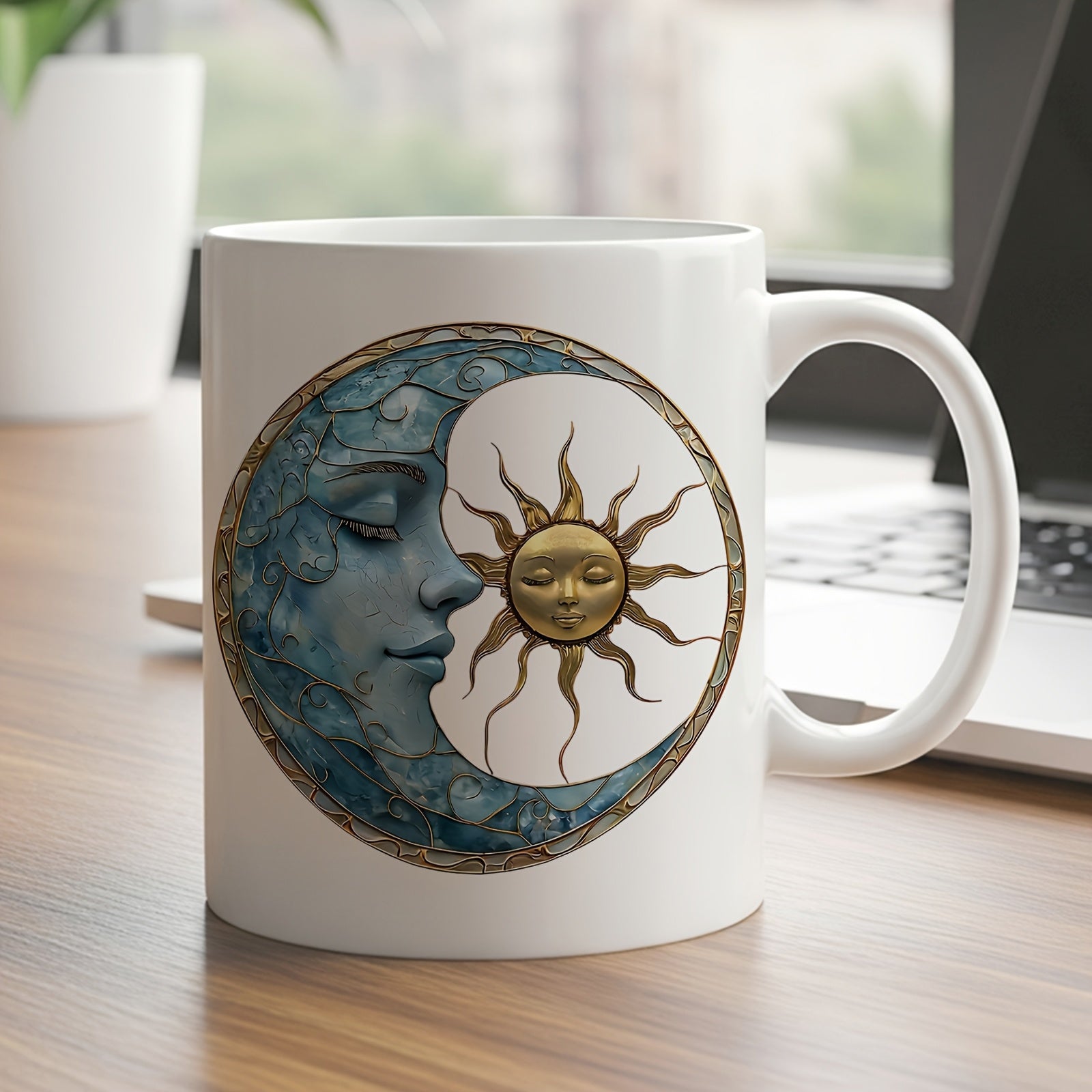 Tailorly White Ceramic 11 oz Mug - Mystical Blue Crescent Faces With Golden Sun Under Ornate Circular Moon