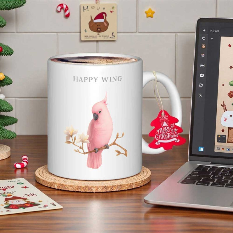 Tailorly White Ceramic 11 oz Mug - Happy Wing Elegant Pink Bird Perched On Flowering Branch Under Soft Natural Light Cockatoo