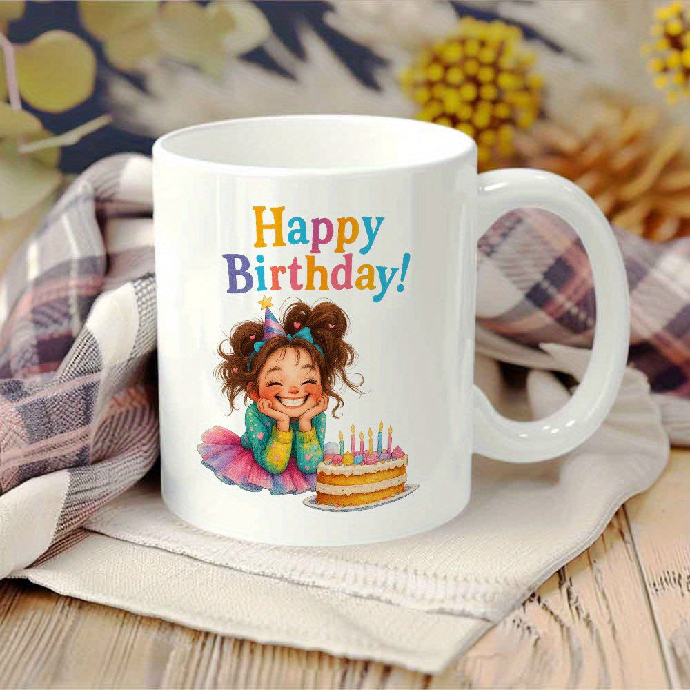 Tailorly White Ceramic 11 oz Mug - Happy Birthday Joyful Young Girl Celebrating With Colorful Cake And Festive Party Hat Girl