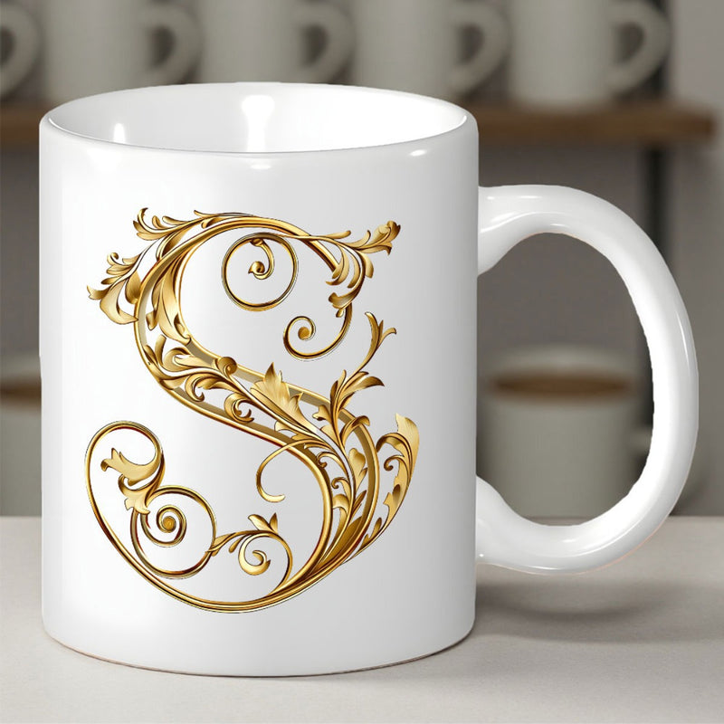 Tailorly White Ceramic 11 oz Mug - S Ornate Golden Baroque Filigree Design Featuring Elegant Three Dimensional Scrollwork Letter S
