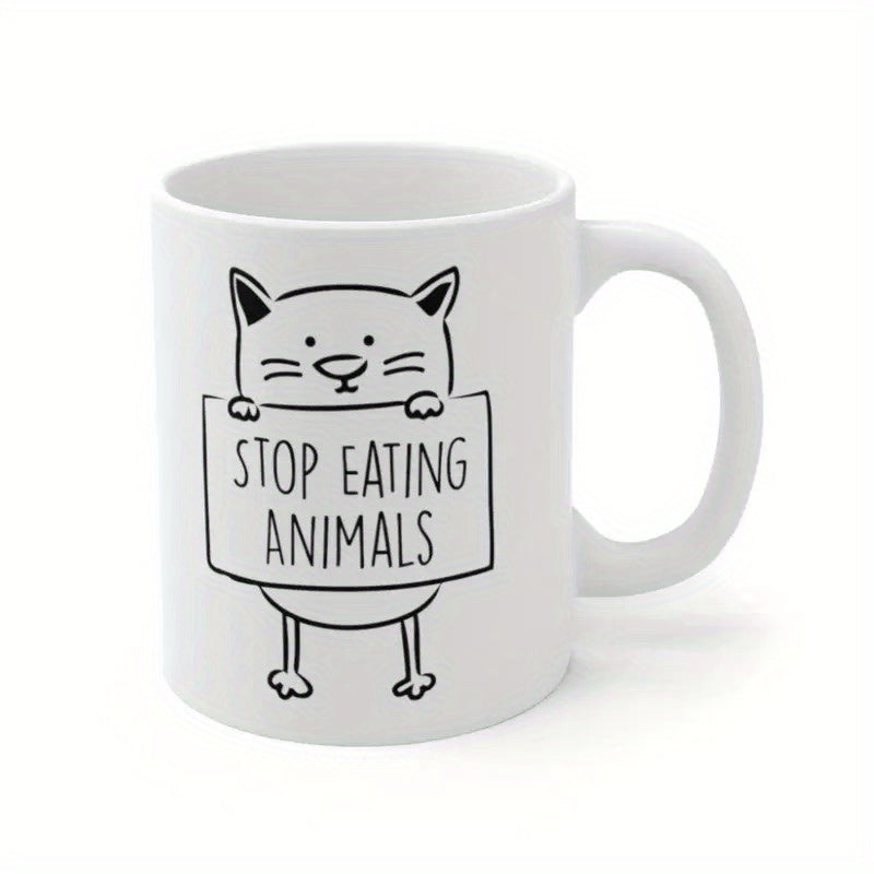 Tailorly White Ceramic 11 oz Mug - Stop Eating Animals Minimalist Black Ink Line Drawing Of A Whimsical Cartoon Doodle Cat