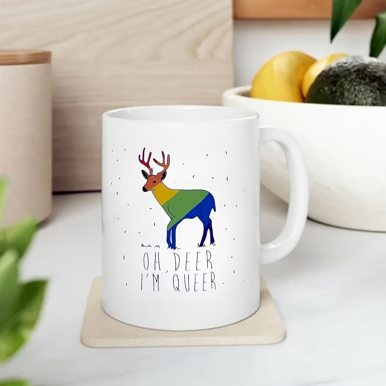 Tailorly White Ceramic 11 oz Mug - Oh Deer Im Queer Graceful Pride Theme Rainbow Pattern Featuring Minimalist Speckled Background Deer
