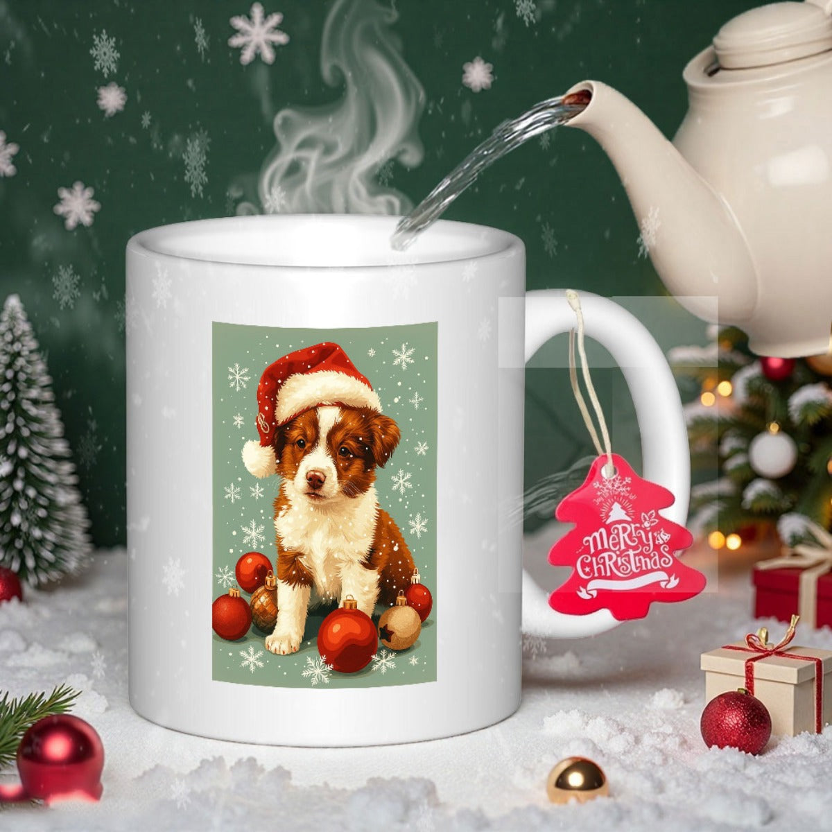 Tailorly White Ceramic 11 oz Mug - Merry Christmas Adorable Festive Puppy Wearing Red Santa Hat Surrounded By Ornaments Puppy