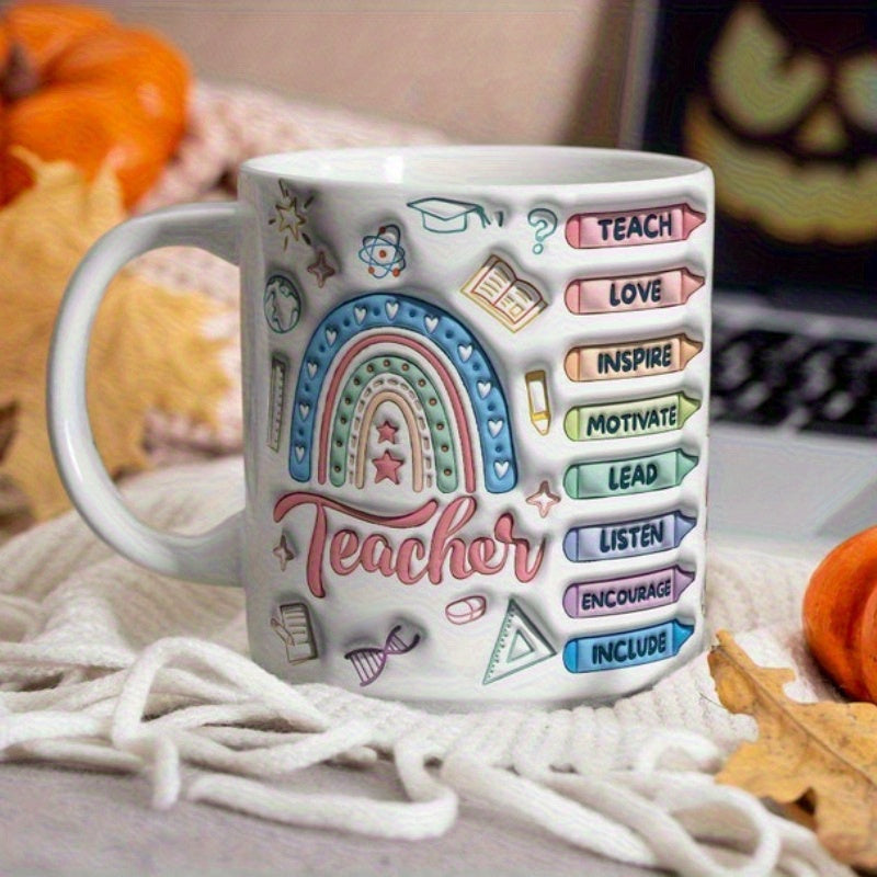 Tailorly White Ceramic 11 oz Mug - Teacher Teach Love Inspire Motivate Lead Listen Encourage Include Vibrant Colorful Rainbow Surrounded By Miniature School Icons