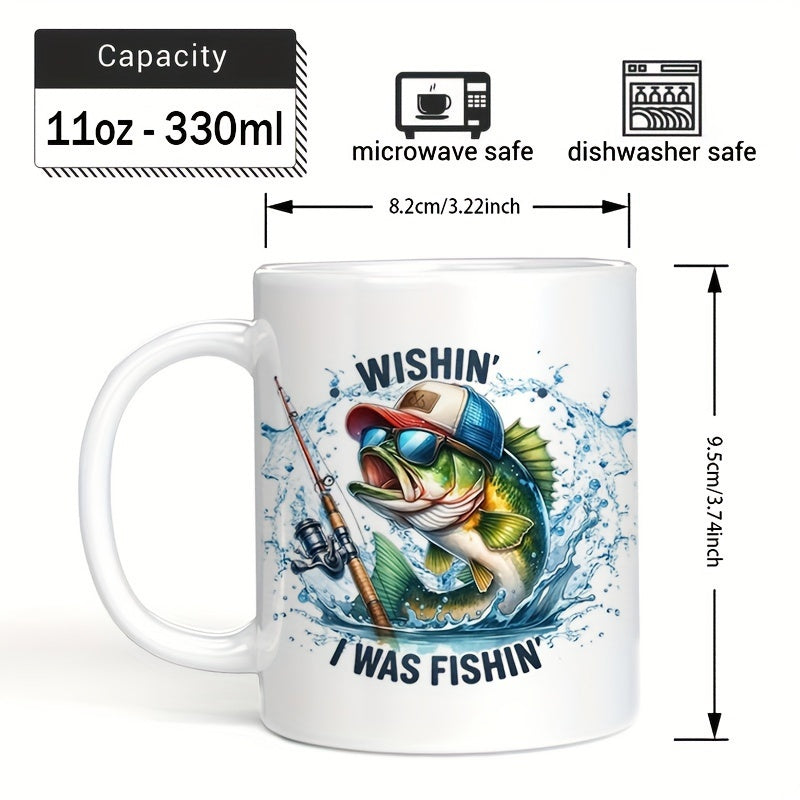Tailorly White Ceramic 11 oz Mug - Wishin I Was Fishin Vibrant Jumping Fish With Cool Sunglasses Hat And Fishing Rod Bass