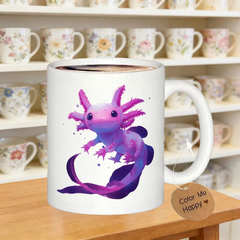 Tailorly White Ceramic 11 oz Mug - Color Me Happy Vibrant Purple Aquatic Creature With Graceful Flowing Tail Under Sparkles Axolotl