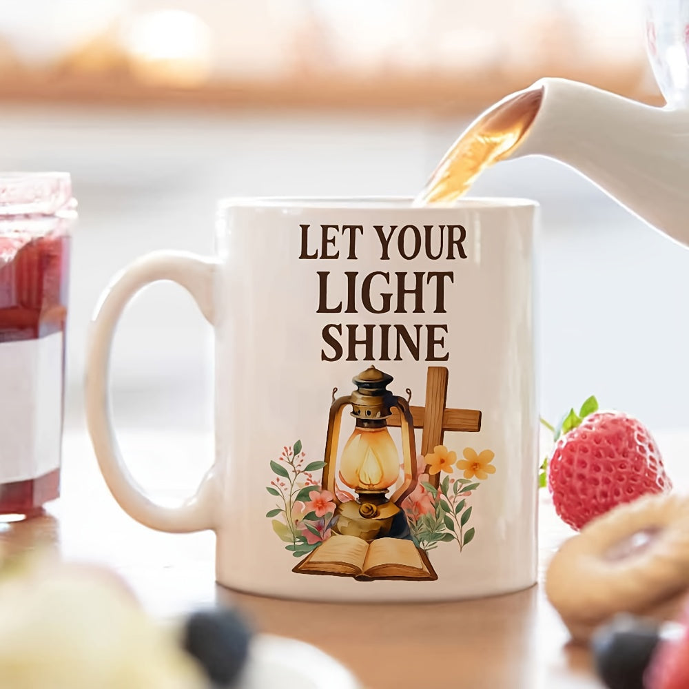 Tailorly White Ceramic 11 oz Mug - Let Your Light Shine Vintage Glowing Oil Lantern Sitting On An Open Bible With Cross Lantern