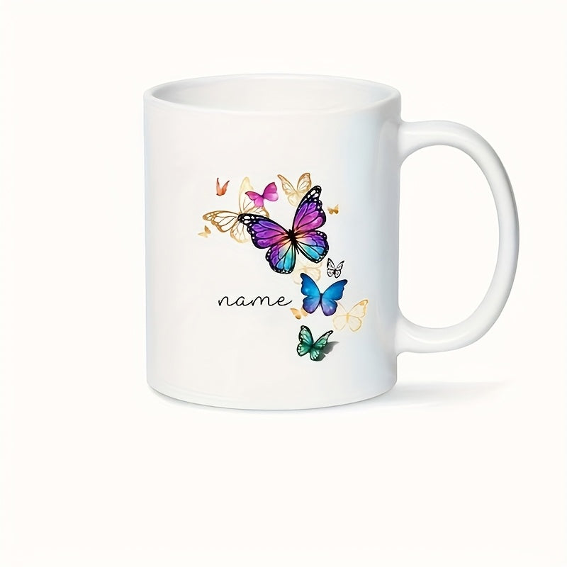 Tailorly White Ceramic 11 oz Mug - Name Vibrant Colorful Wings Fluttering Gracefully In A Whimsical Garden Grouping Butterfly