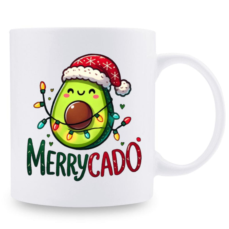 Tailorly White Ceramic 11 oz Mug - Merrycado Festive Cartoon Character Wearing Santa Hat Wrapped In Twinkling Holiday Lights Avocado
