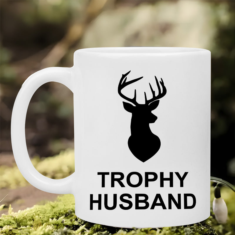 Tailorly White Ceramic 11 oz Mug - Trophy Husband Minimalist Black Silhouette Of A Wild Stag With Large Antlers Deer