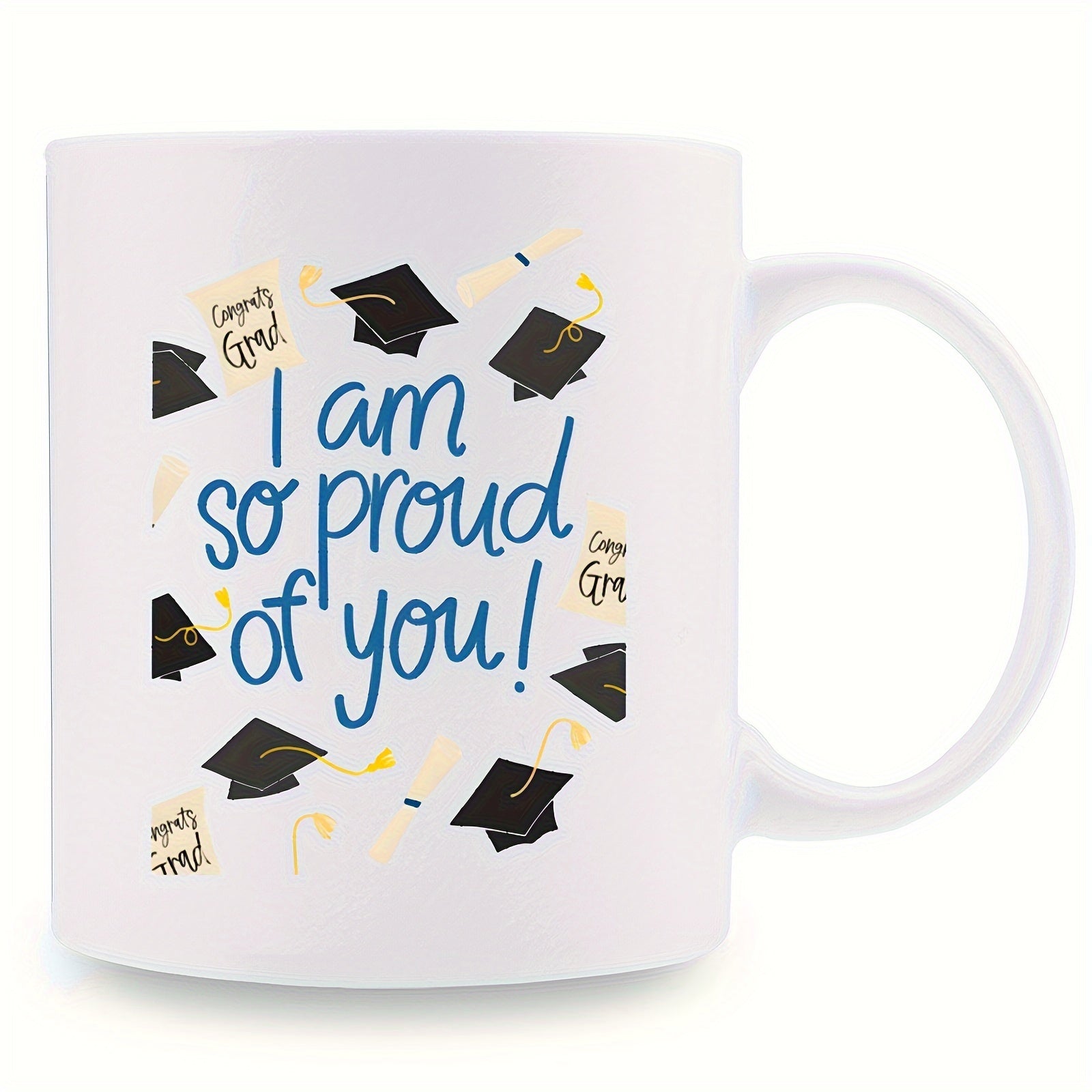 Tailorly White Ceramic 11 oz Mug - I Am So Proud Of You Congrats Grad Elegant Script Surrounded By Floating Tasseled Academic Graduation Cap