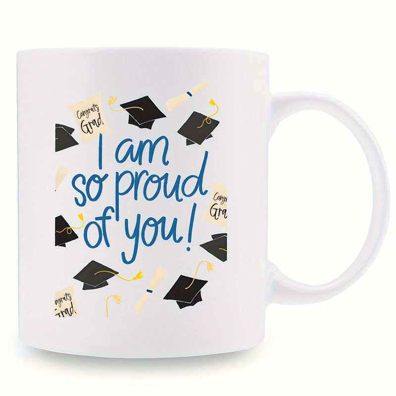 Tailorly White Ceramic 11 oz Mug - I Am So Proud Of You Congrats Grad Elegant Script Surrounded By Floating Tasseled Academic Graduation Cap