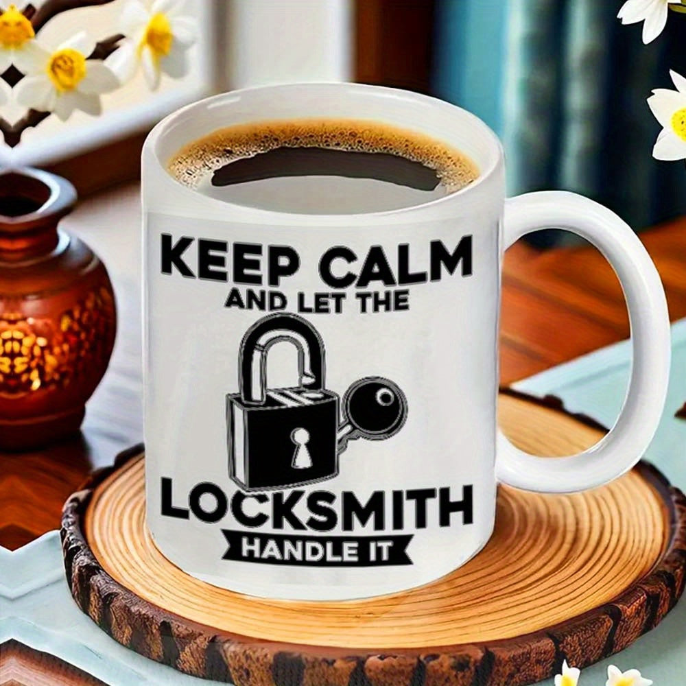 Tailorly White Ceramic 11 oz Mug - Keep Calm And Let The Locksmith Handle It Simple Industrial Black Padlock With Metallic Key Locksmith