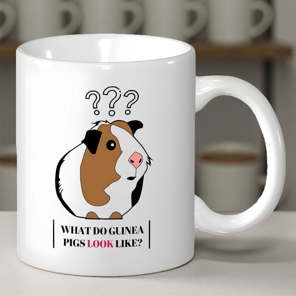 Tailorly White Ceramic 11 oz Mug - What Do Guinea Pigs Look Like Adorable Tricolor Pet With Question Marks Floating Above Its Head Guinea Pig