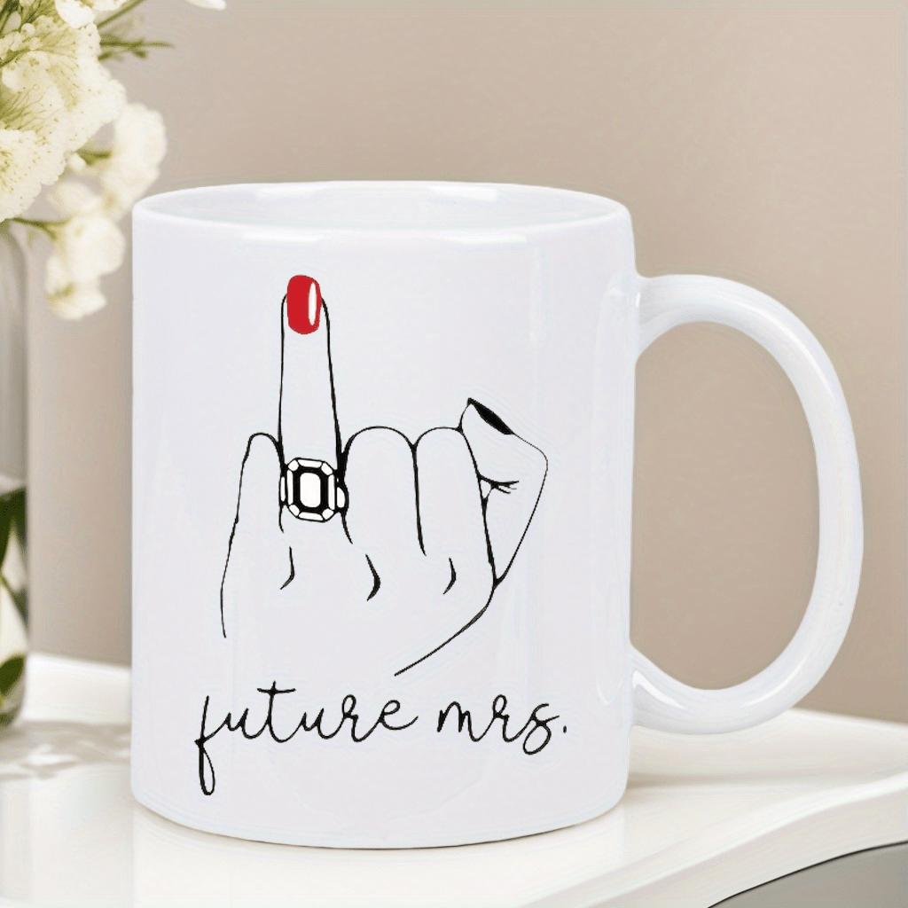 Tailorly White Ceramic 11 oz Mug - Future Mrs Sleek Minimalist Line Art Drawing With Red Nail And Diamond Ring Hand