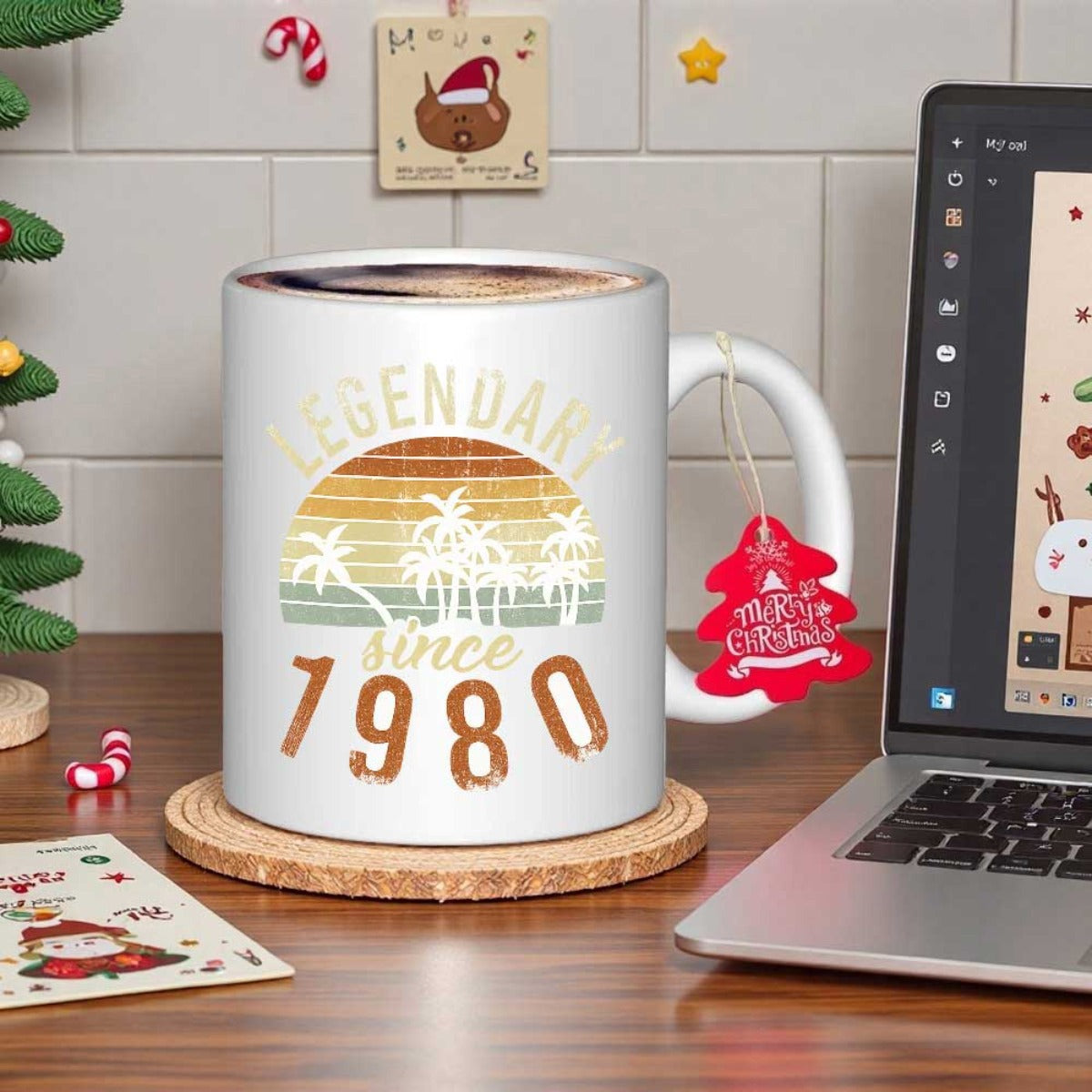 Tailorly White Ceramic 11 oz Mug - Legendary Since 1980 Vintage Retro Tropical Palms Under Striped Summer Sky Sunset
