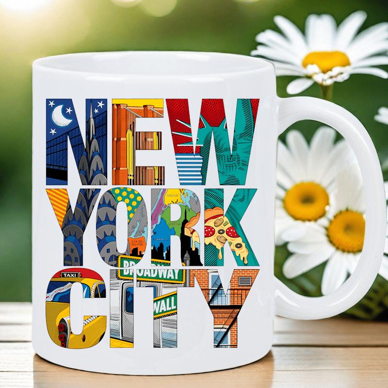 Tailorly White Ceramic 11 oz Mug - New York City Broadway Vibrant Artistic Letters Filled With Famous City Landmarks And Iconic Yellow Taxi Mug