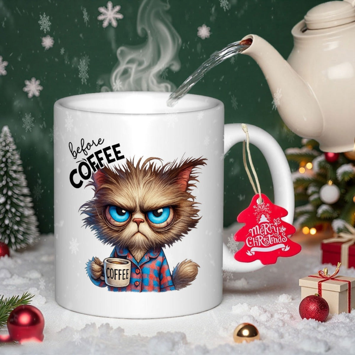 Tailorly White Ceramic 11 oz Mug - Before Coffee Messy Morning Hair Grumpy Feline Wearing Blue Plaid Pajamas Holding Mug Cat