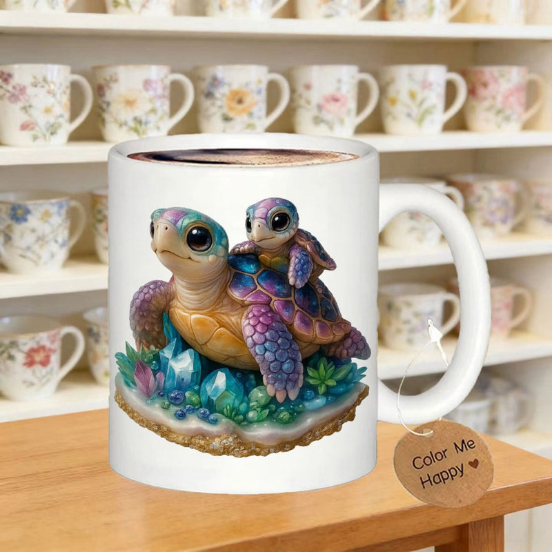 Tailorly White Ceramic 11 oz Mug - Color Me Happy Adorable Baby Turtle Resting On Shell Among Blue Crystals And Succulent Plants Turtle