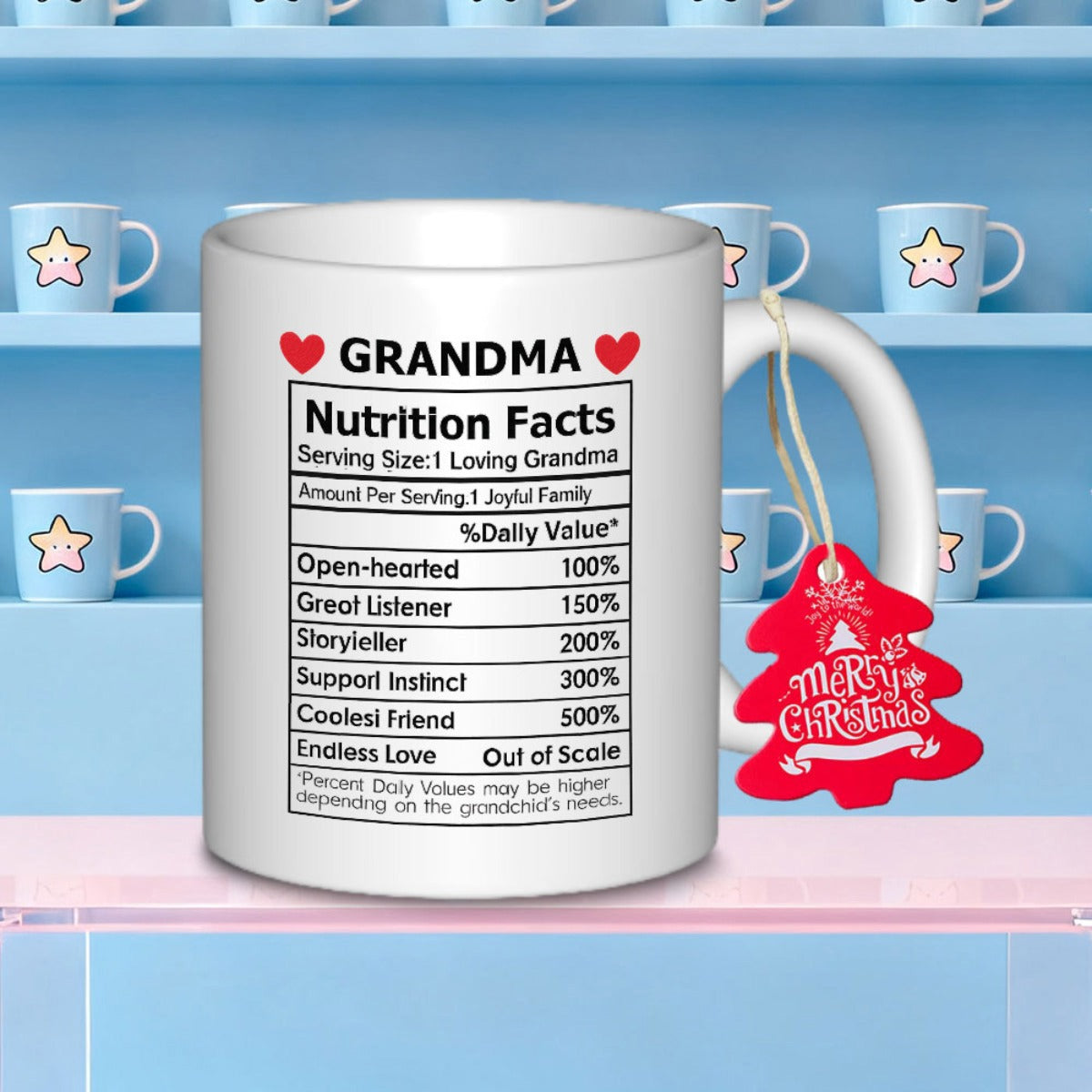 Tailorly White Ceramic 11 oz Mug - Grandma Nutrition Facts Minimalist Clean White Ceramic With Heart Accents And Informative Table Grid Design Mug