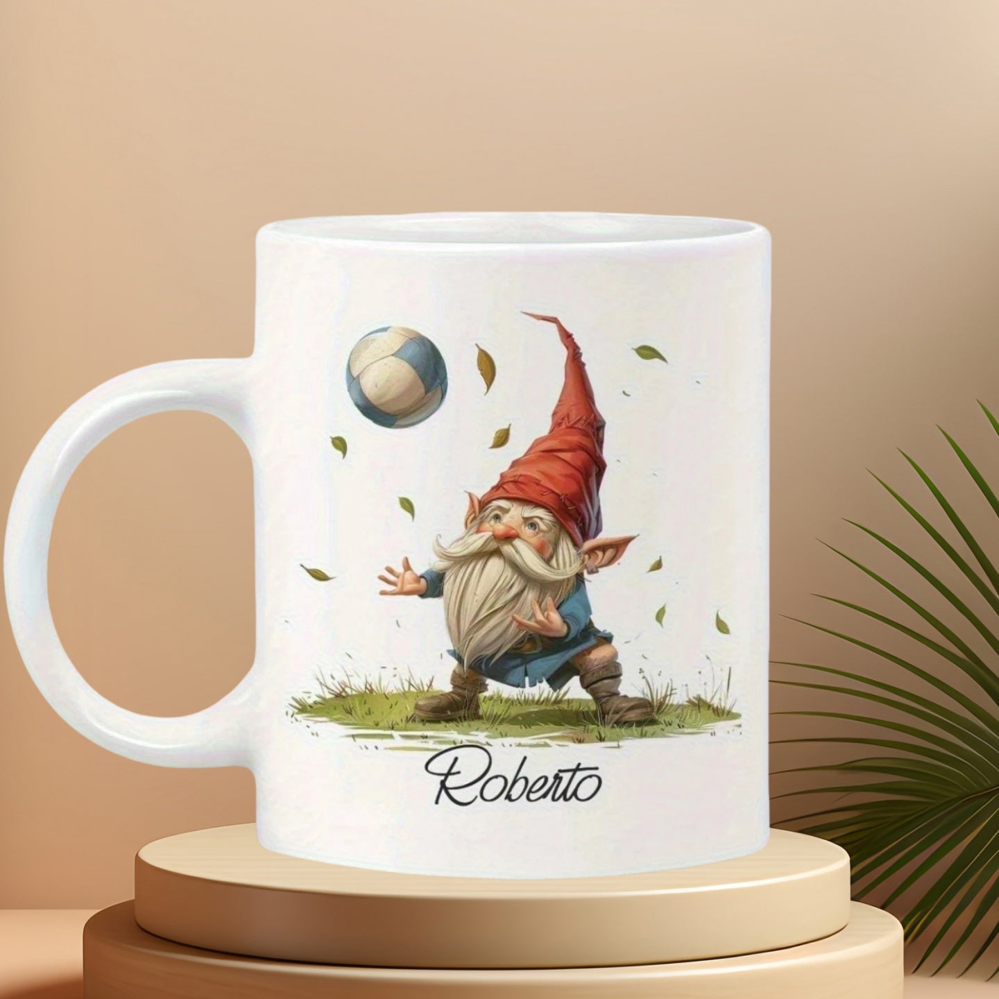 Tailorly White Ceramic 11 oz Mug - Roberto Playful Character With Red Pointed Hat Tossing Ball On Grass Gnome