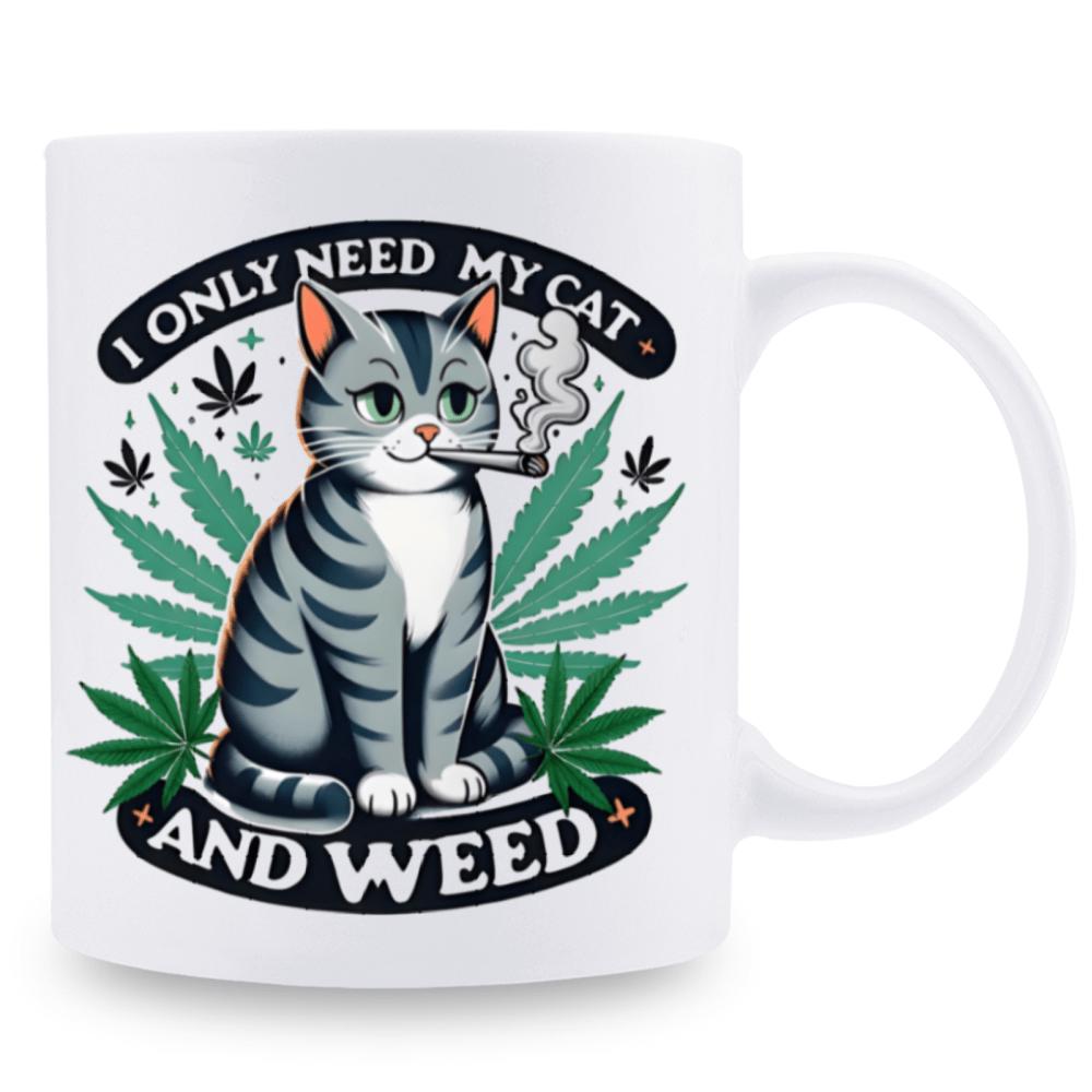 Tailorly White Ceramic 11 oz Mug - I Only Need My Cat And Weed Cool Cartoon Grey Tabby Cat Smoking Among Green Serrated Marijuana Leaves Cat