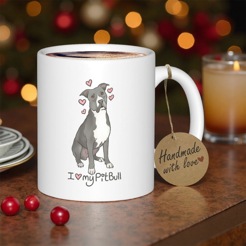 Tailorly White Ceramic 11 oz Mug - I My Pitbull Loyal Sitting Grey And White Dog With Floating Pink Hearts Pitbull