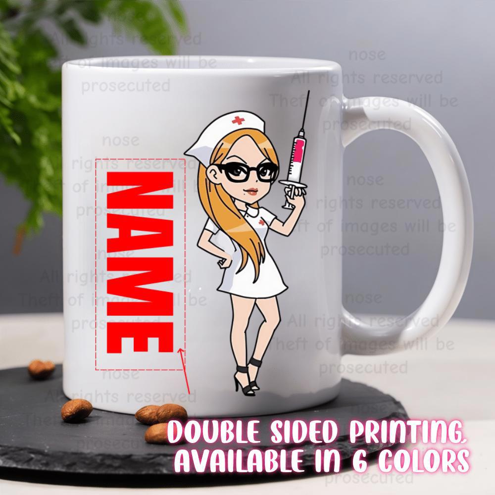 Tailorly White Ceramic 11 oz Mug - Name Cute Cartoon Character Holding Large Syringe Wearing Professional White Uniform Nurse