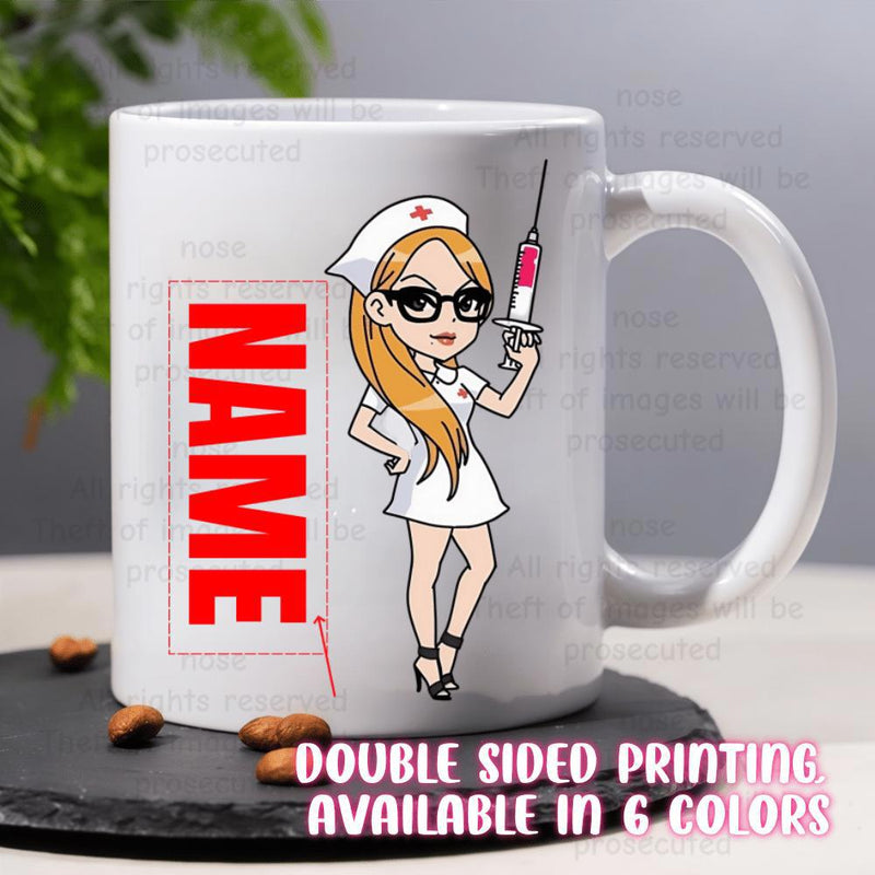 Tailorly White Ceramic 11 oz Mug - Name Cute Cartoon Character Holding Large Syringe Wearing Professional White Uniform Nurse