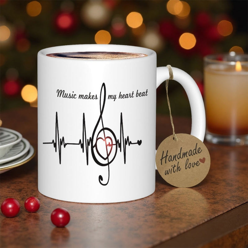 Tailorly White Ceramic 11 oz Mug - Music Makes My Heart Beat Minimalist Black Line Art Featuring Treble Clef Heartbeat Pattern Mug