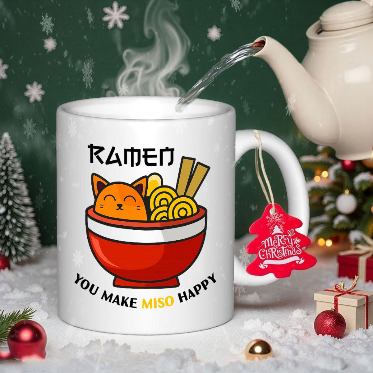 Tailorly White Ceramic 11 oz Mug - Ramen You Make Miso Happy Cute Orange Cat Resting In Red Bowl With Yellow Noodles And Chopsticks Ramen