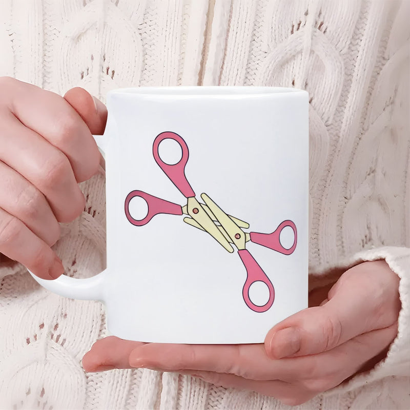 Tailorly White Ceramic 11 oz Mug - Minimalist Pink Handled Household Scissors Intersecting On A Clean White Base Scissors