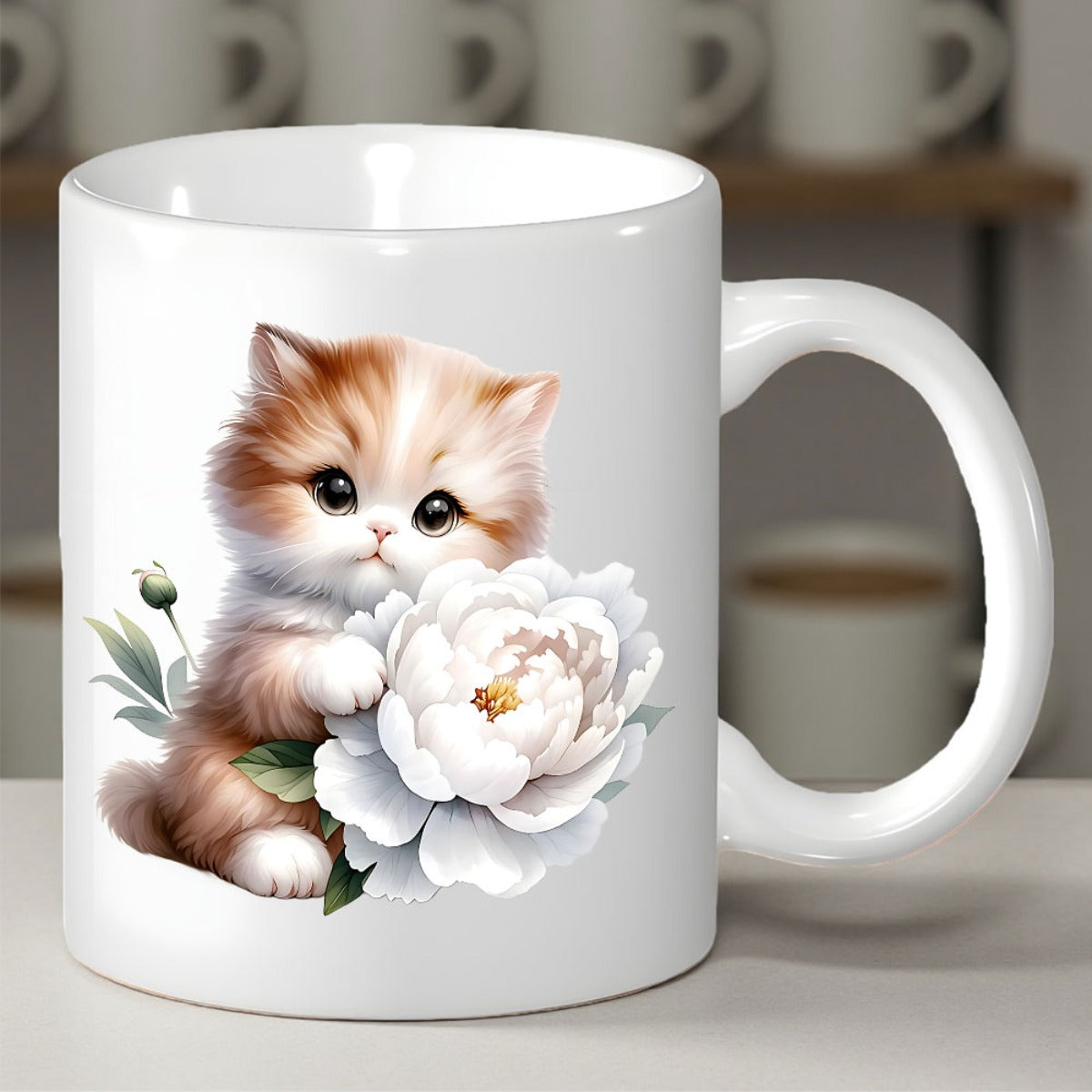 Tailorly White Ceramic 11 oz Mug - Adorable Fluffy Ginger Kitten Holding A Large Blooming White Peony Flower Cat