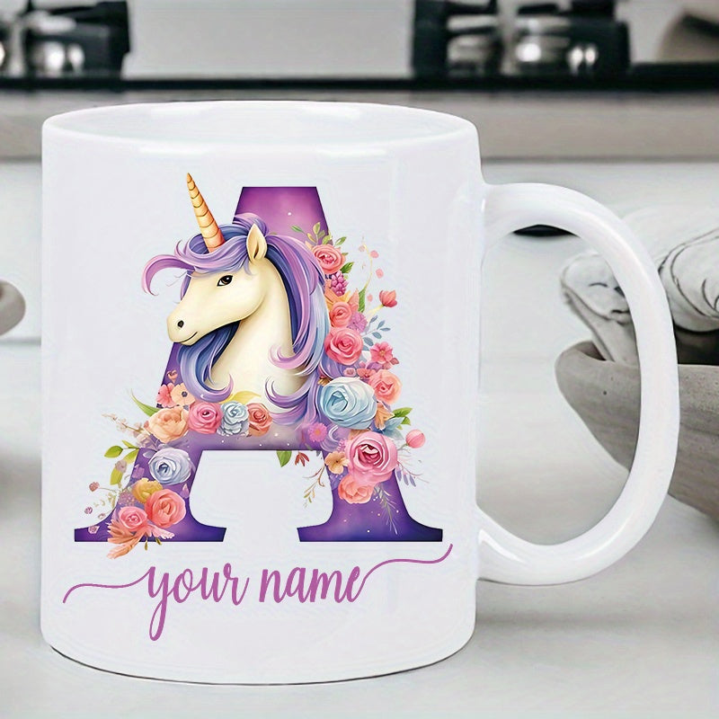 Tailorly White Ceramic 11 oz Mug - Your Name Majestic Purple Floral Letter A With A Graceful Magical Unicorn