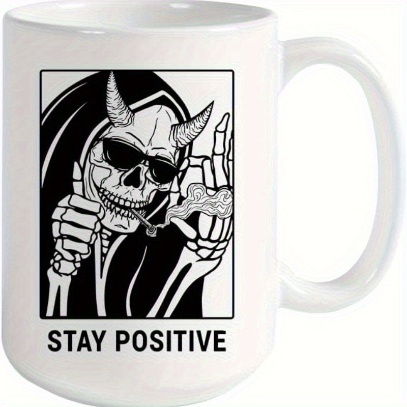 Tailorly White Ceramic 11 oz Mug - Stay Positive Horned Grim Reaper Wearing Dark Sunglasses Smoking Among Swirling Smoke Skeleton