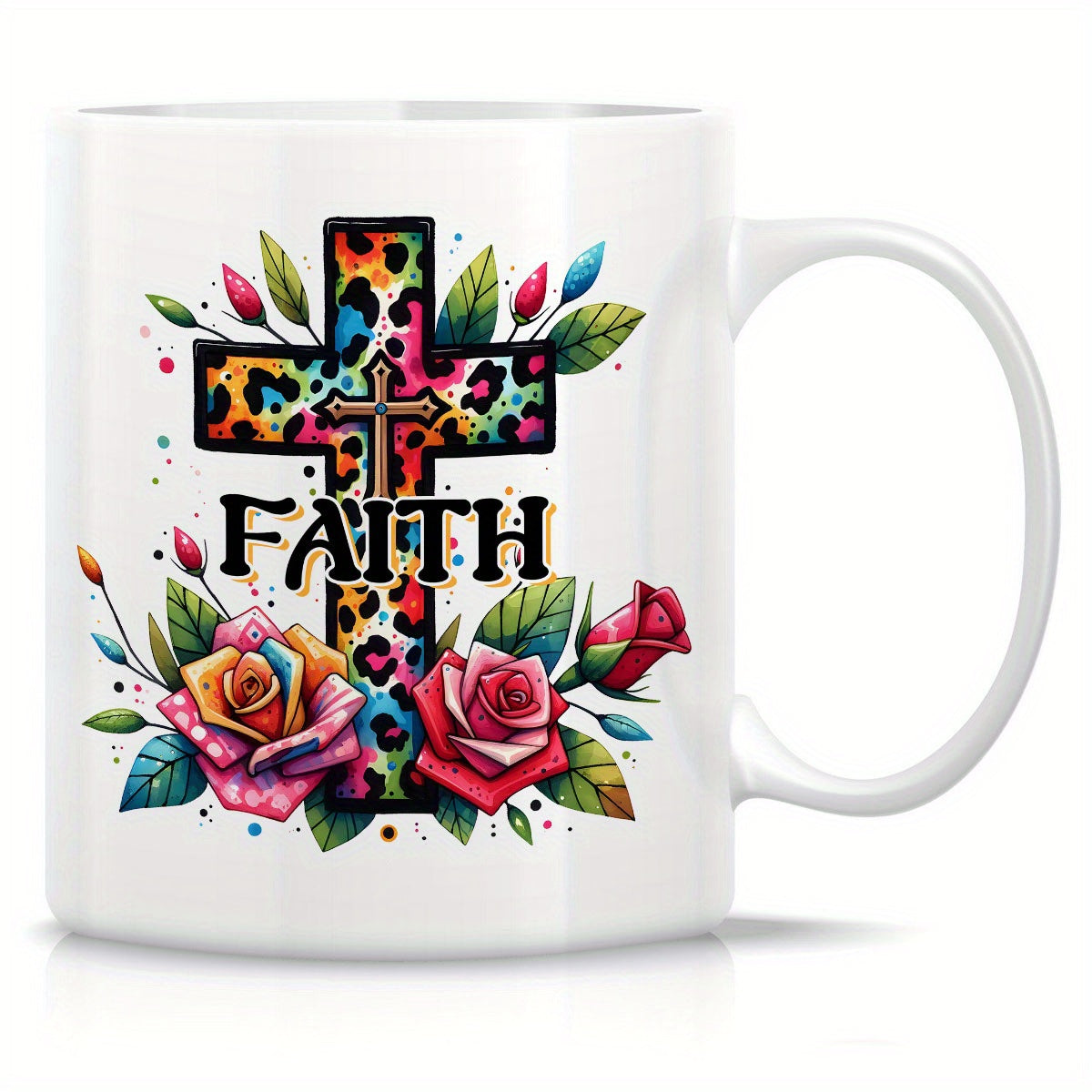 Tailorly White Ceramic 11 oz Mug - Faith Colorful Leopard Print Pattern Among Blooming Roses And Green Leaves Cross