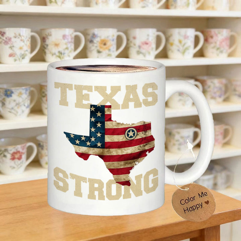 Tailorly White Ceramic 11 oz Mug - Texas Strong Rustic American Flag Texture Set Inside A Bold Lone Star State Map