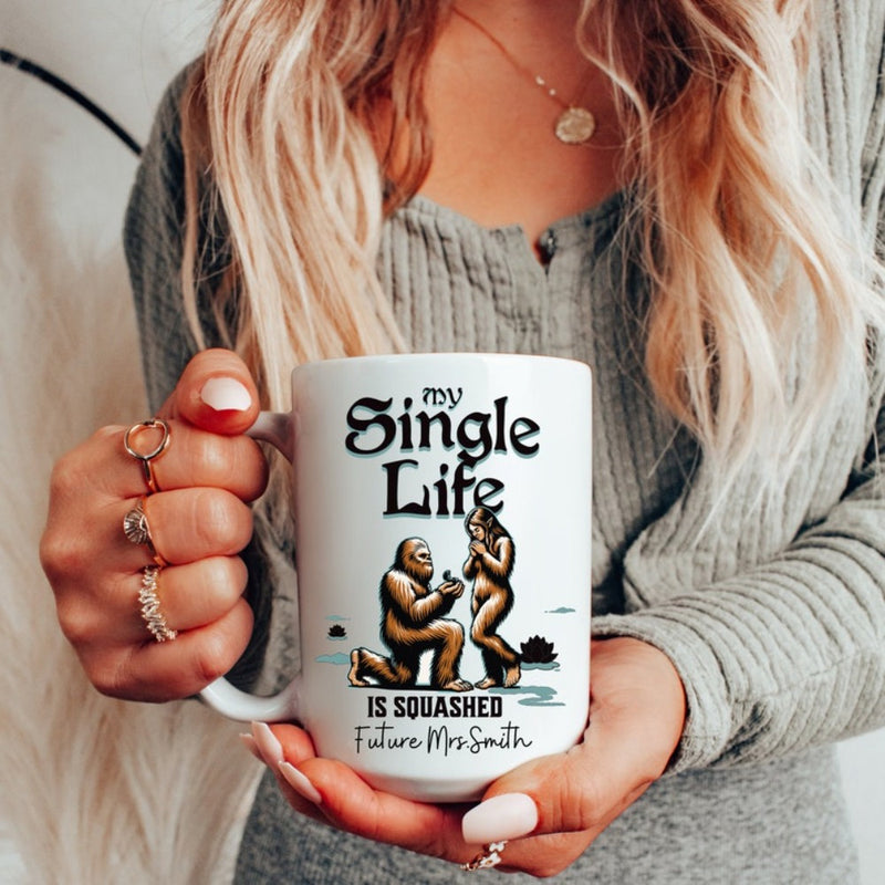 Tailorly White Ceramic 11 oz Mug - My Single Life Is Squashed Future Mrs Smith Romantic Mythical Beast Proposal Scene Within A Simple Coastal Landscape Sasquatch